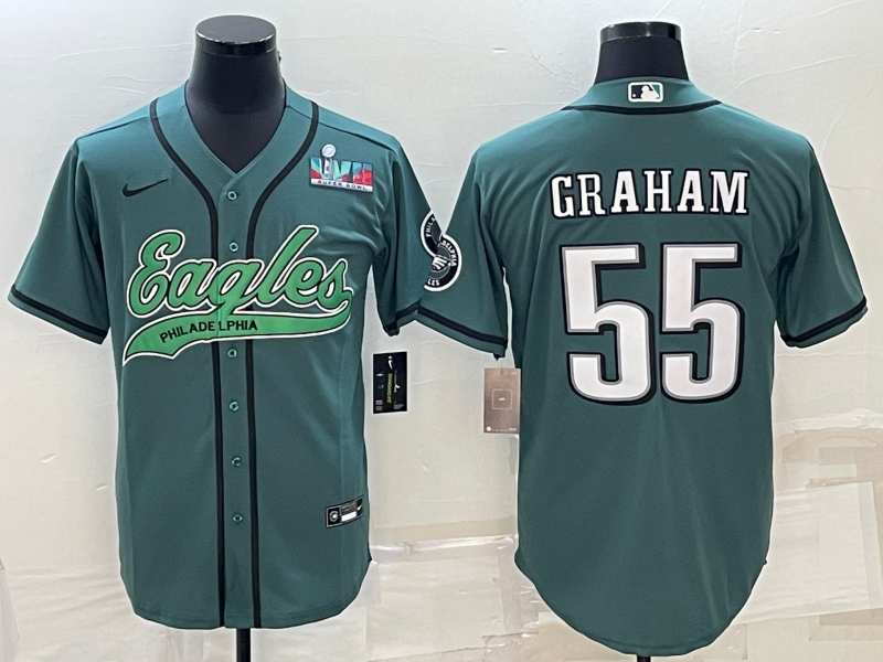 Men's Philadelphia Eagles #55 Brandon Graham Green With Super Bowl LVII Patch Cool Base Stitched Baseball Jersey Men's Philadelphia Eagles #55 Brandon Graham Green With Super Bowl LVII Patch Cool Base Stitched Baseball Jersey